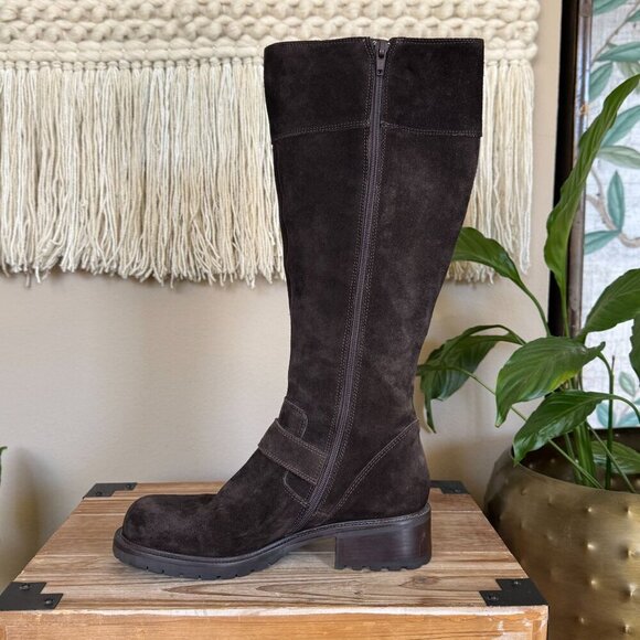 Vintage J. Crew Brown Suede Silver Buckle Inner Zip Lug Sole Knee High Boots - Picture 9 of 17